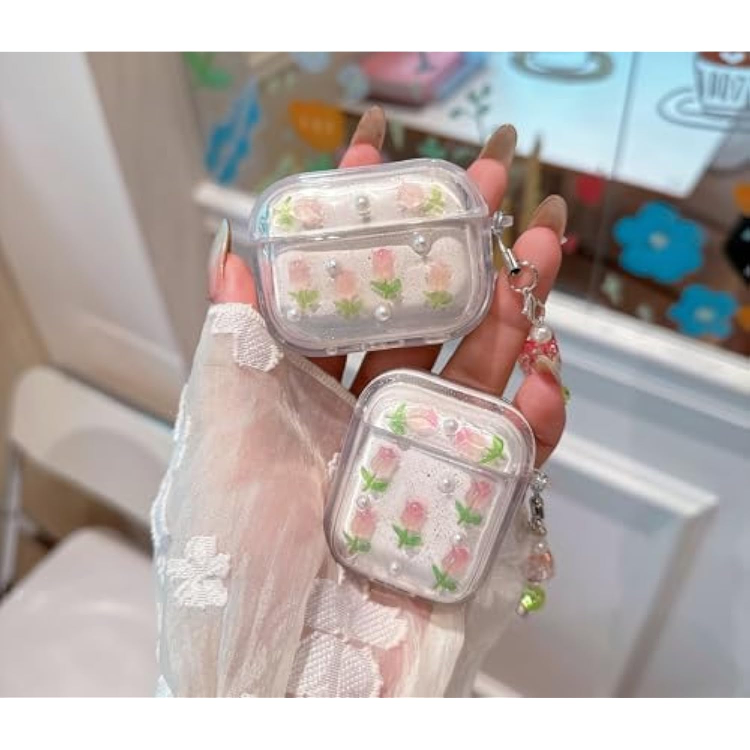 3D Tulip For Airpods Pro/Airpods Pro 2 Case With Keychain, Clear Glitter Pink Floral Design, Shockproof Protective Cover For Women Girls With Flower Charm Strap