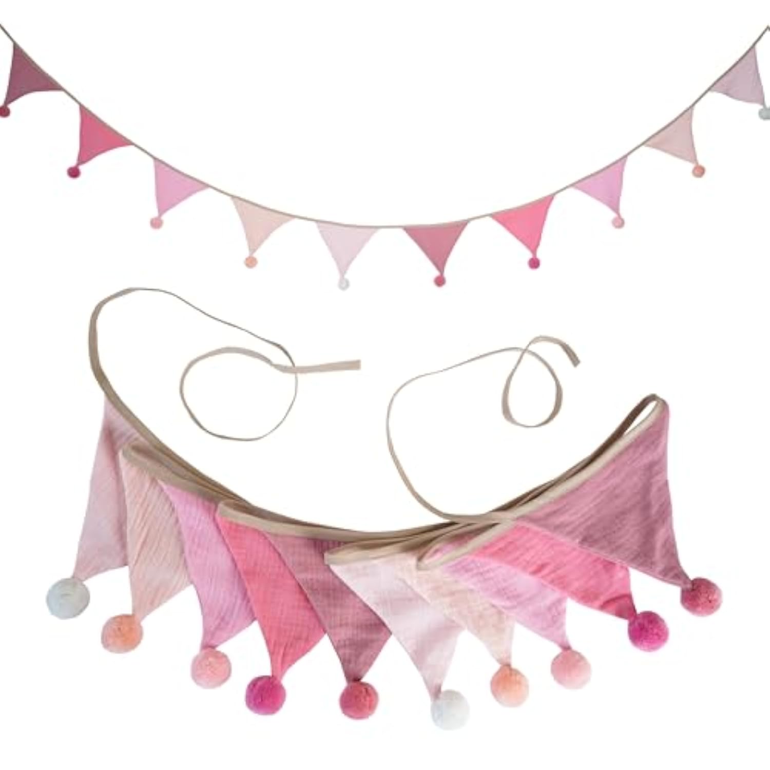 Fabric Bunting Banner, 2 Pack Handmade Neutral String Banner With Felt Ball Each 8.5 Ft 10 Flags Nursery Wall Hanging Wedding Birthday Home Baby Shower Party Decoration Bunting (Pink 2 Pack)