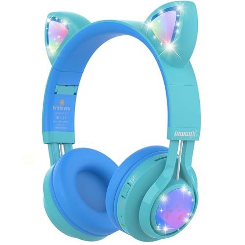 Kids Headphones, CT-7S Cat Ear Bluetooth Headphones with LED Light, 85dB Volume Limiting, Over Ear with Microphone for Laptop/PC/TV (Blue & Green)