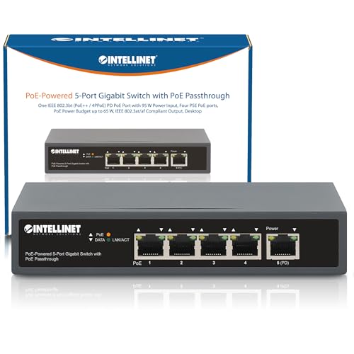 Intellinet Poe-Powered 5 Port Gigabit Switch With Poe Passthrough One Ieee 802.3Bt Poe++ Pd Port, Five Poe+ Ports - 65W Power Budget - Fanless Silent - 3 Yr Mfg - 561808