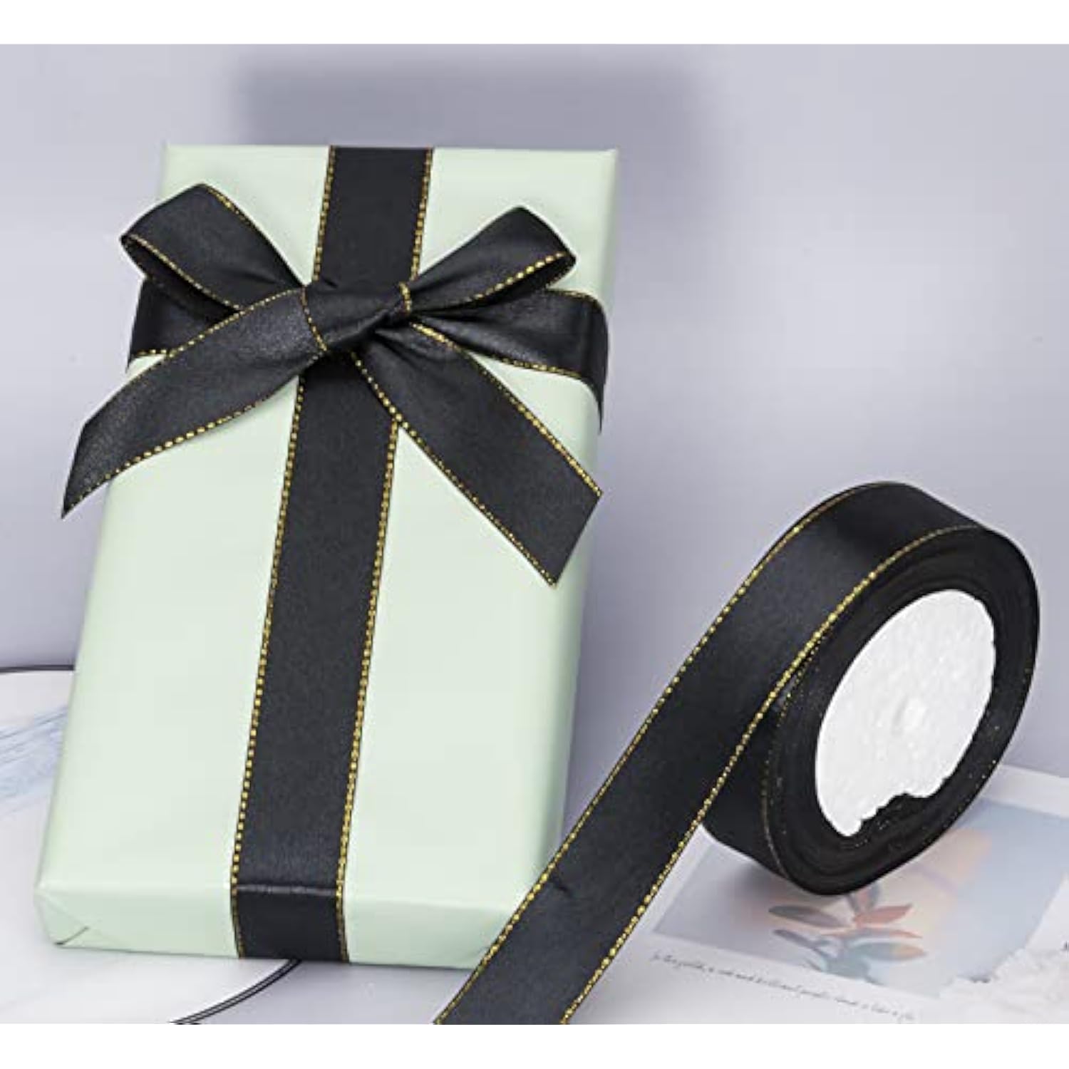 25 Yards 1 Inch Black Satin Ribbon With Gold Edges, Gold Border Fabric