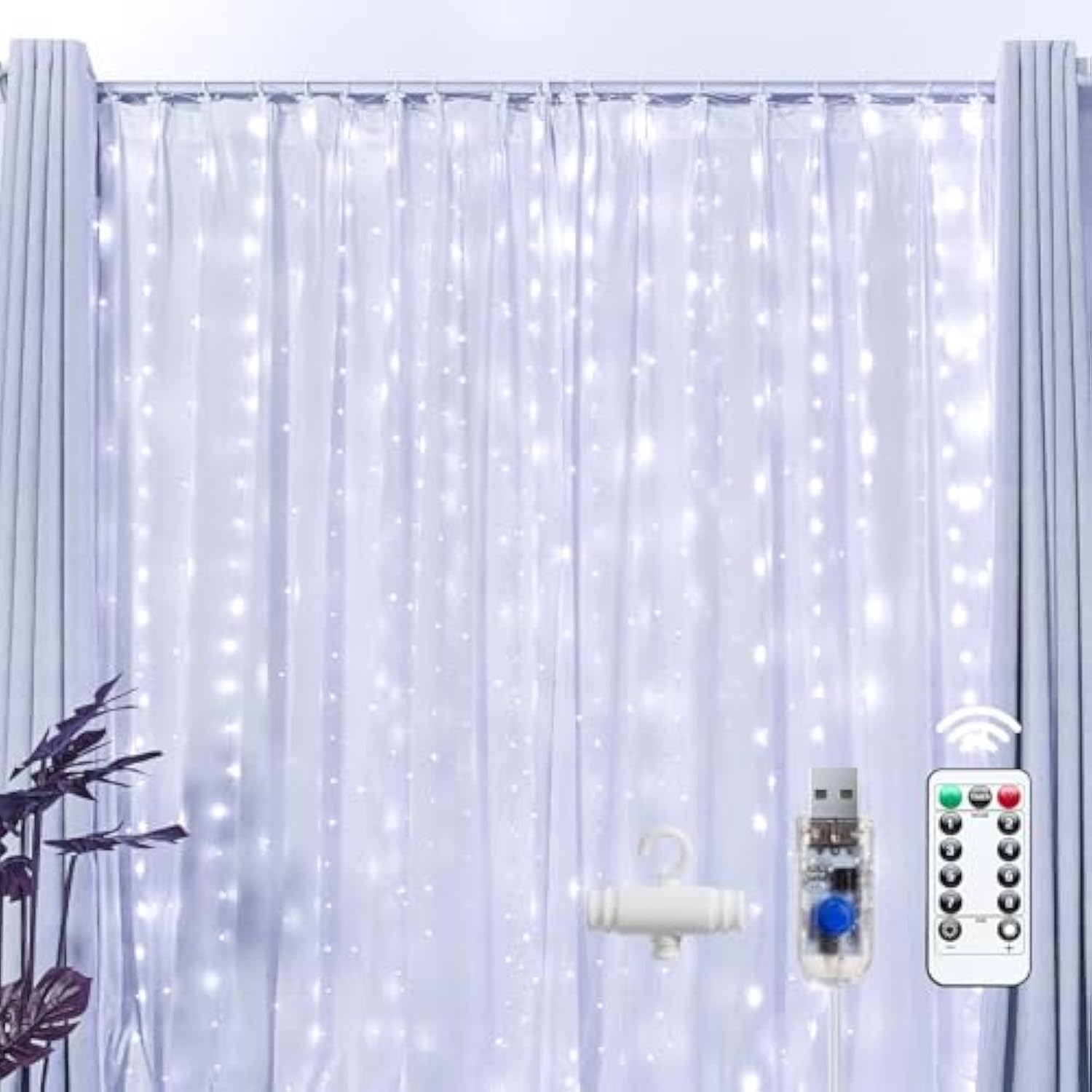 300 Led Fairy Curtain Lights, 9.8Ft X 9.8Ft White Curtain String Lights, Winter Wonderland Decorations, Usb Plug 8 Modes