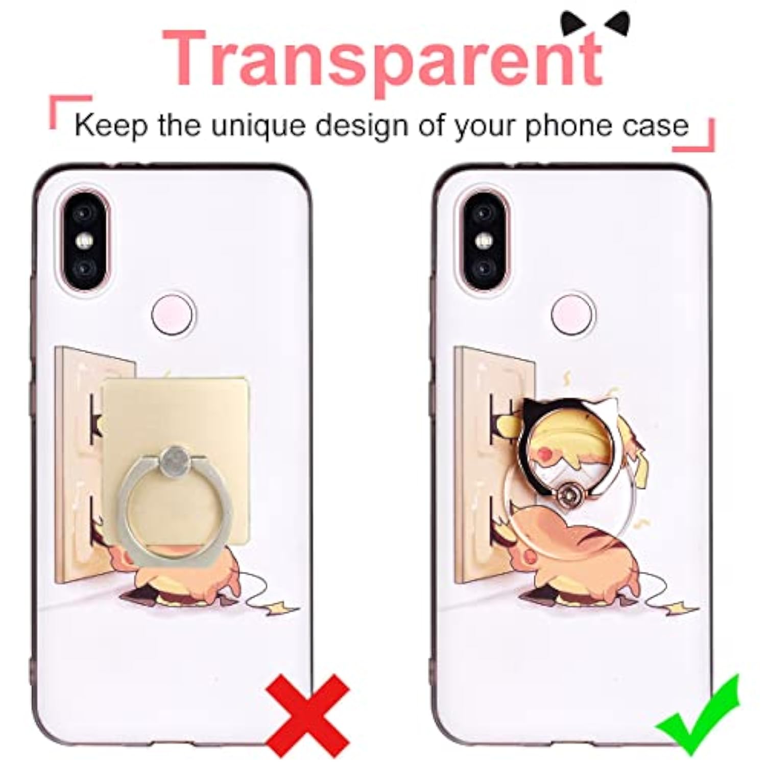 Cat Phone Ring Holder Clear Cell Phone Ring Holder Transparent Stand Finger Grip (1 Silver + 1 Rose Gold Cat)