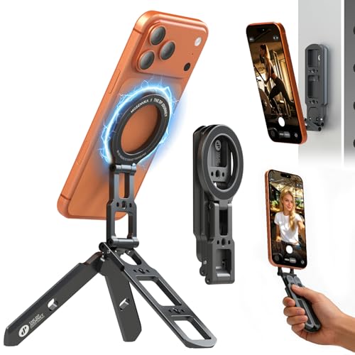 Dual Magnetic Phone Tripod for MagSafe Tripod Foldable Double Magnet Mount Pocket Cell Phone Stand for iPhone 17/16/15 Pro Plus Max Travel Gym