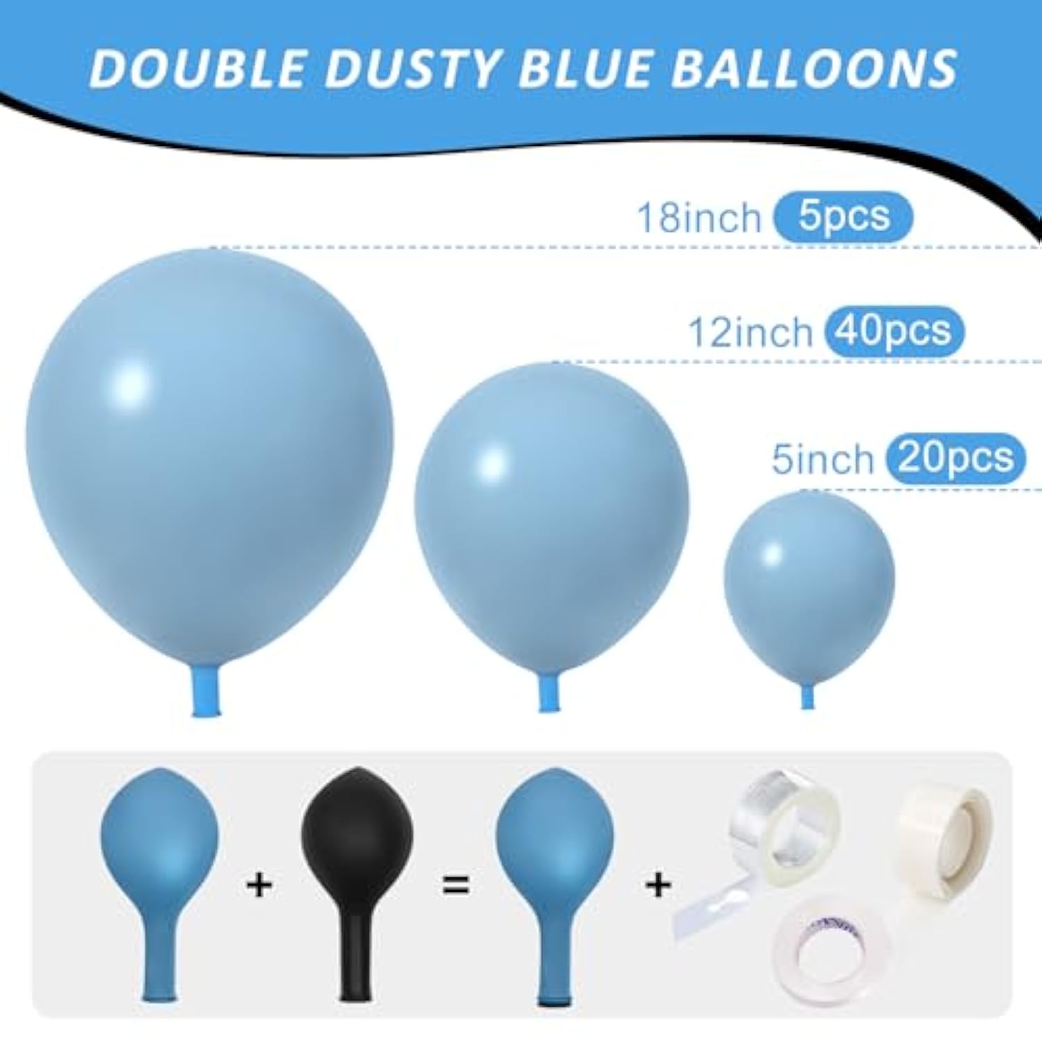 65pcs Dusty Blue Balloon Arch Kit – Double Stuffed Balloons in 3 Sizes for Party