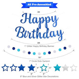 Pre-Strung Happy Birthday Banner, No Diy Birthday Decorations With Circle Dot Garland And Stars, Happy Birthday Party Decorations For Boys Men Girls Women (Blue)