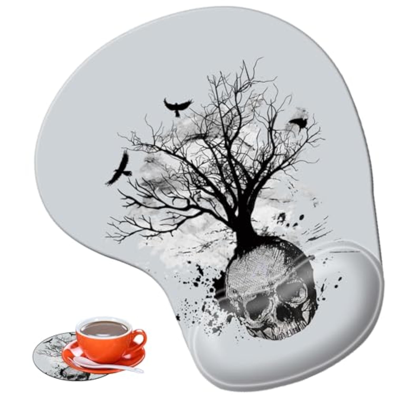 Mouse Pad With Wrist Guard, Non-Slip Rubber Base Gel Wrist Rest, Suitable For Games, Work, Office, Home And Pain Relief Mouse Pad + Coaster, Black And White Skull Head Tree