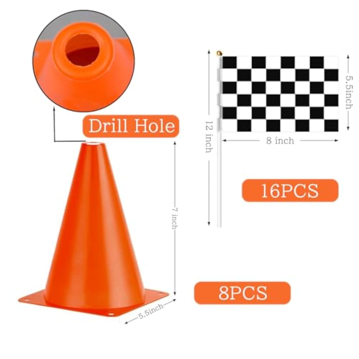 Traffic Cones With Racing Checkered Flags-8 Traffic Cones With Hole On Top, 16 Checkered Flags, Race Car Birthday Party Supplies, Table Centerpiece Decorations, Kids Gift (24Pcs)