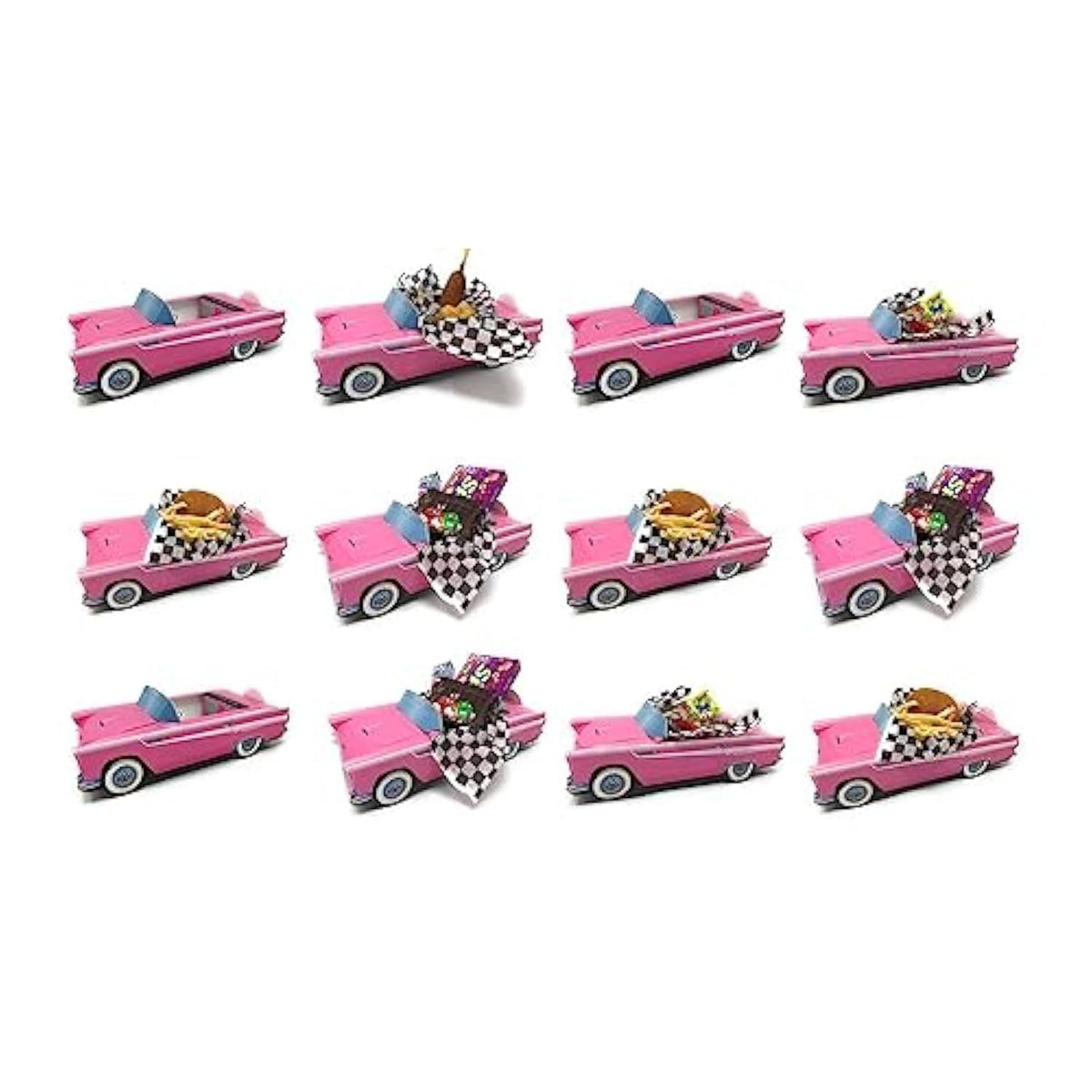 12 Classic Car Party Food Boxes With Wax Paper - 50'S Pink Birthday Set
