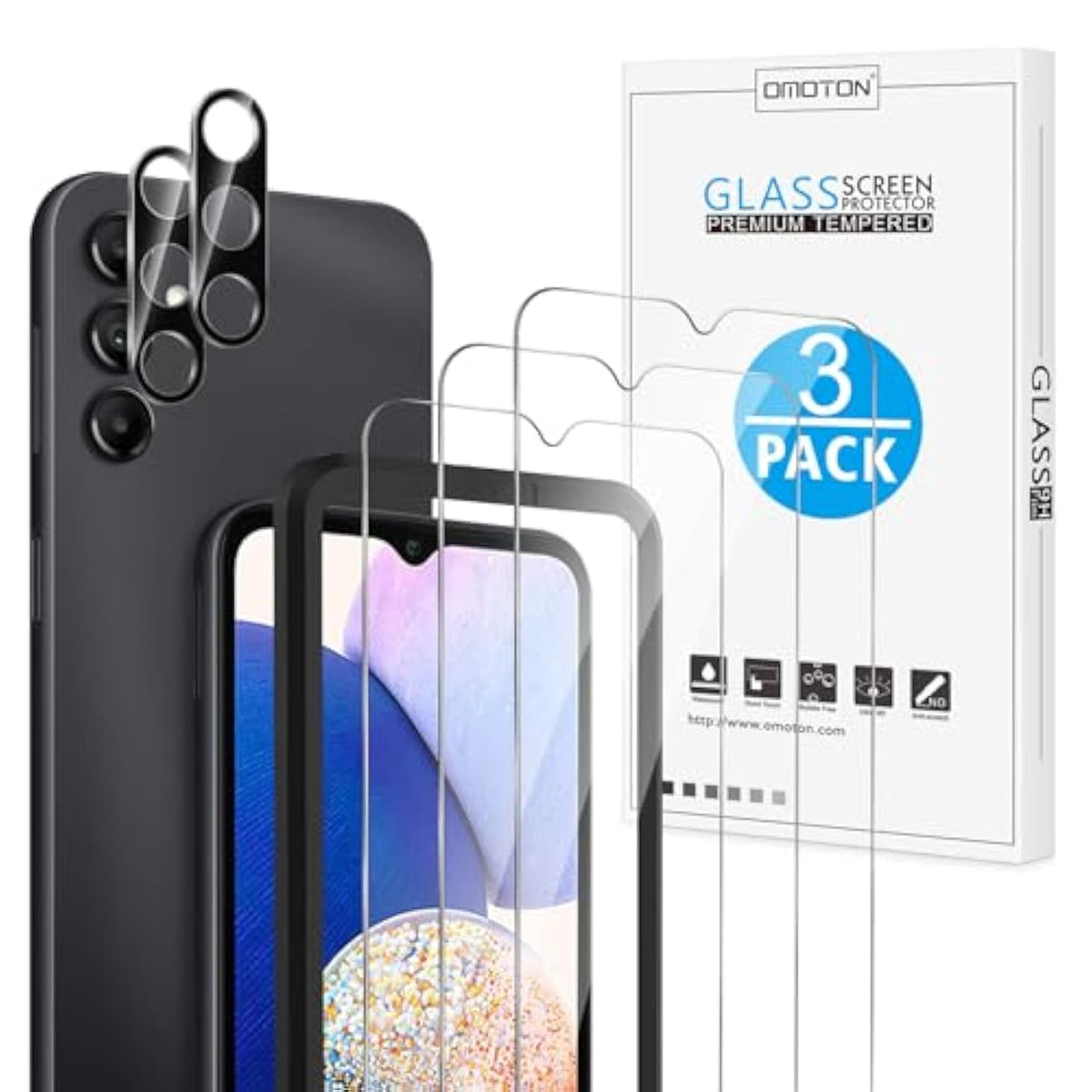 OMOTON Screen Protector for Samsung Galaxy A14 5G, [3+2 Pack] for A14 screen protector & Camera Lens Protector, Case Friendly/Tempered Glass/Alignment Frame(6.6 Inch, 2023 Released)