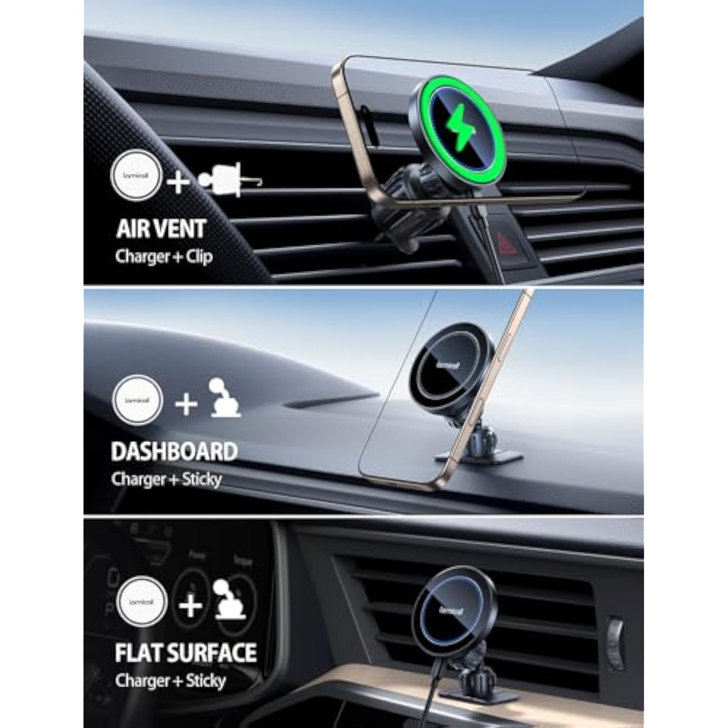 15W For Magsafe Car Mount Charger - [3-In-1 Upgraded Intelligent Chip] 360° Wireless Car Phone Holder Charger Vent Dashboard Magnetic Phone Holders For Your Car For Iphone 16 15 Pro Max