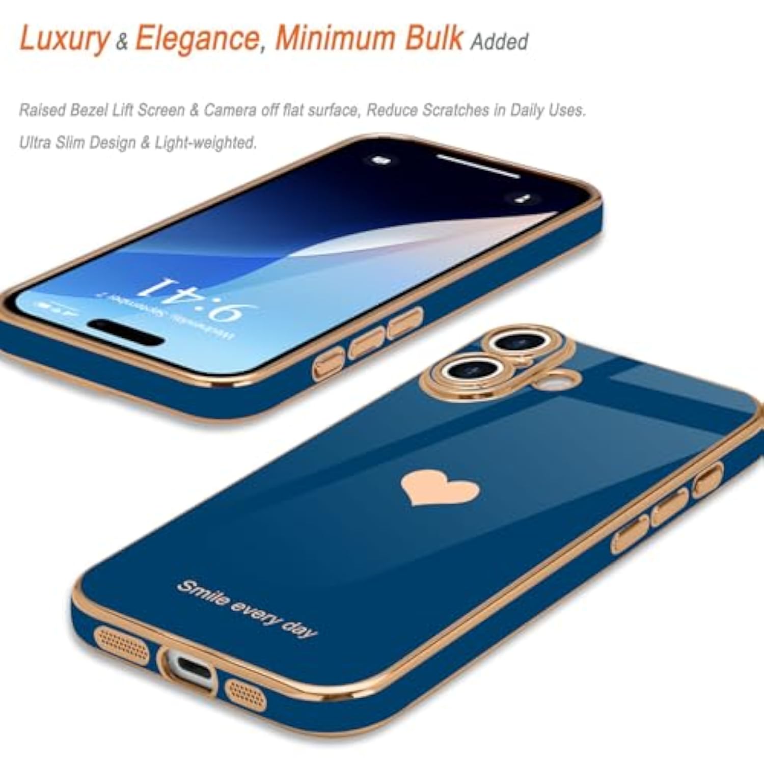 iPhone 16 Case with Screen Protector [2 Pack], Cute Love-Heart Gold Shockproof Case
