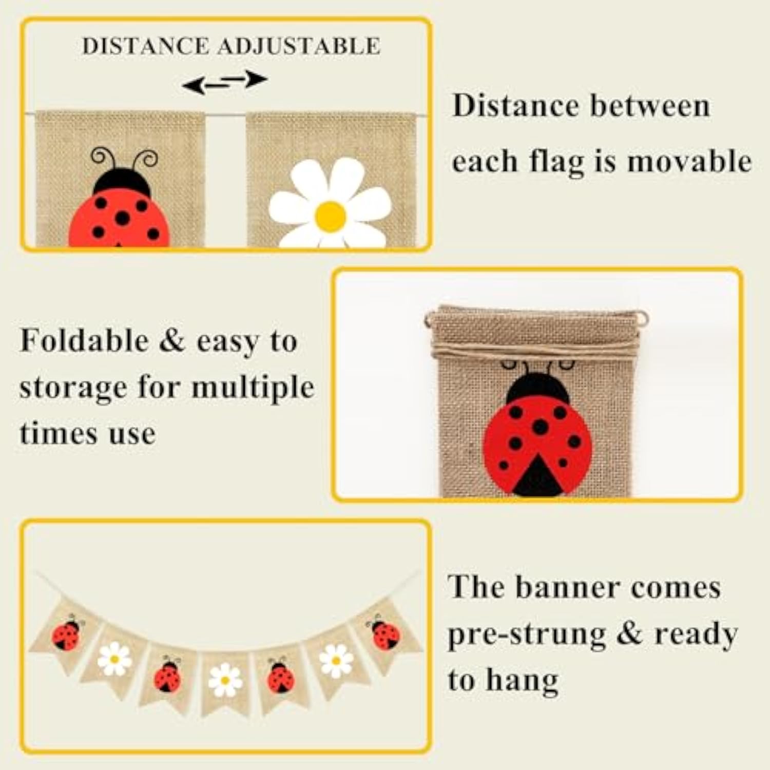 Daisy Ladybug Banner Burlap Bunting Garland Ladybug Party Decorations For Wedding Baby Shower Birthday Insect Theme Garden Party Supplies Home Wall Classroom Hanging Decor