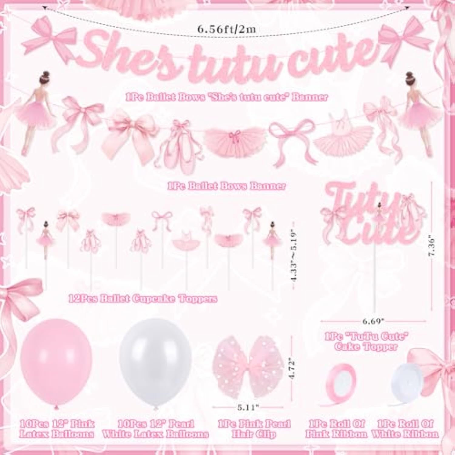 Pink Bows Ballet Girls Birthday Party Decorations, She'S Tutu Cute Ballerina Theme Birthday Party Banner Cake Toppers Balloons For Two Two Cute 2Nd Bday Baby Shower Tutu Dancing Girls Party Supplies