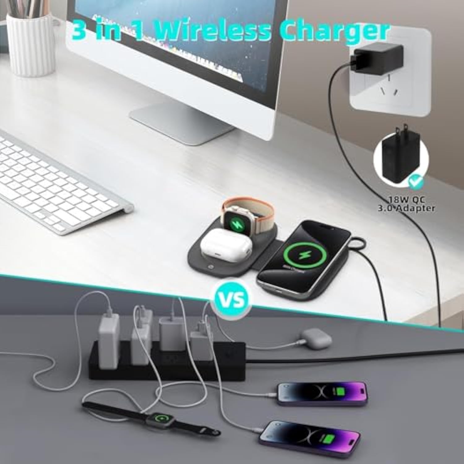 Wireless Charger For Iphone 16 15 14 13 Pro Max Plus - Foldable Charging Pad For Apple Watch Series/Airpods 3 2 Pro/Pro2(Black)