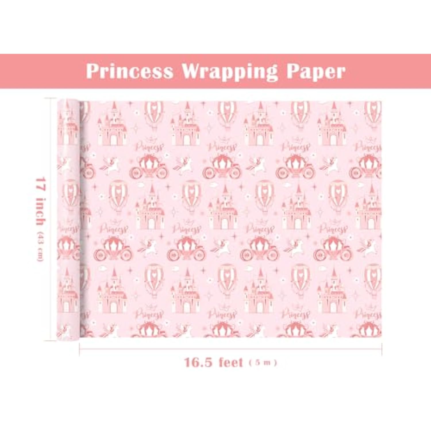 Princess Wrapping Paper - Mini Roll - 17 Inch X 16.5 Feet - Carriage Castle Pink Wrapping Paper Perfect For Kids Girls Birthday, Baby Shower
