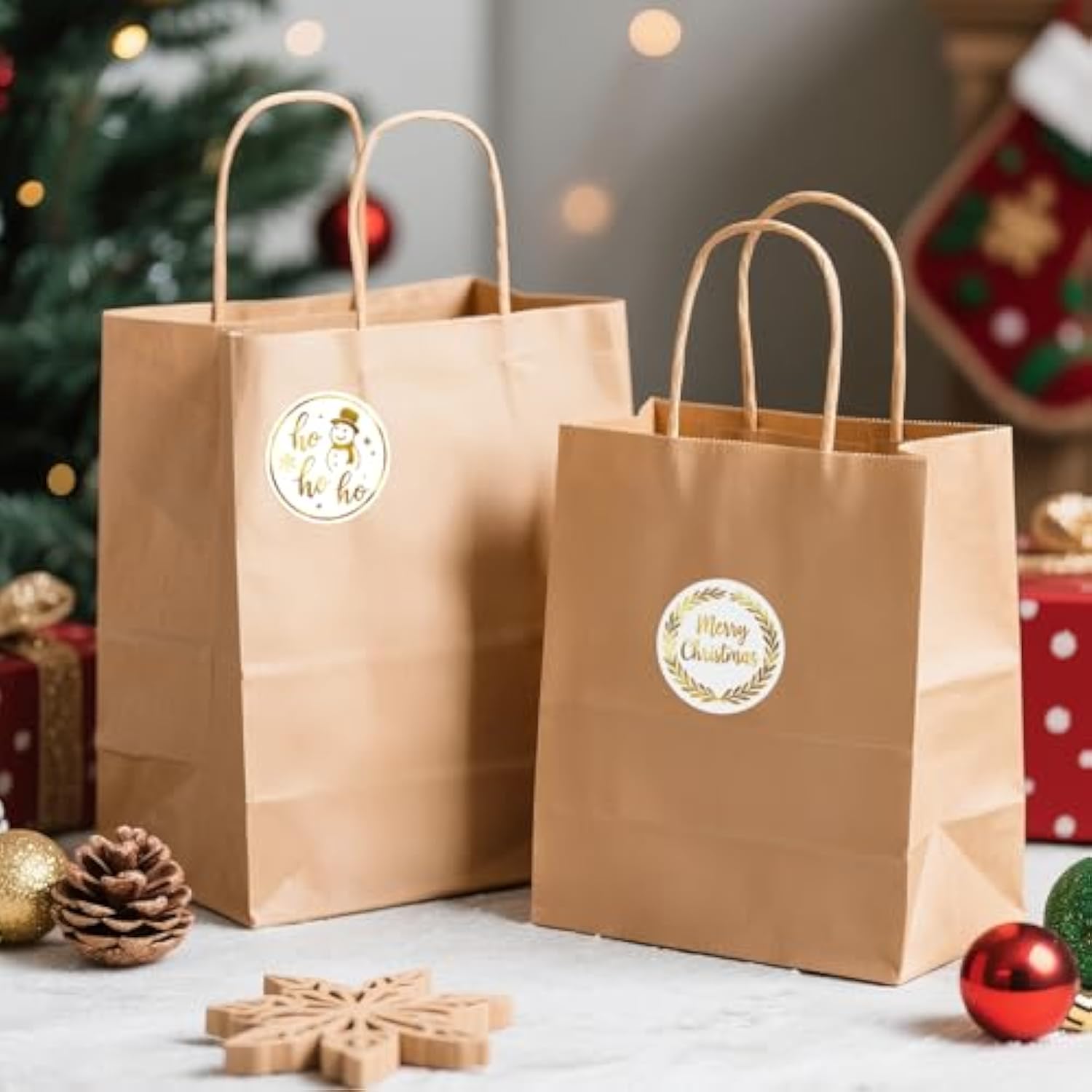 Merry Christmas Stickers - 2 Inch 120Pcs Gold Foil Holiday Stickers Merry And Bright Sticker Large Round Christmas Tree Snowflake Snowman Labels For Envelope Seals Cards Ornaments (White)