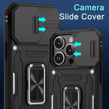 Case For Iphone 15 Pro Max With Slide Camera Cover+Screen Protector(1 Pack), Rotated Ring Kickstand Military Grade Shockproof Protective Cover 6.7 Inch-Black