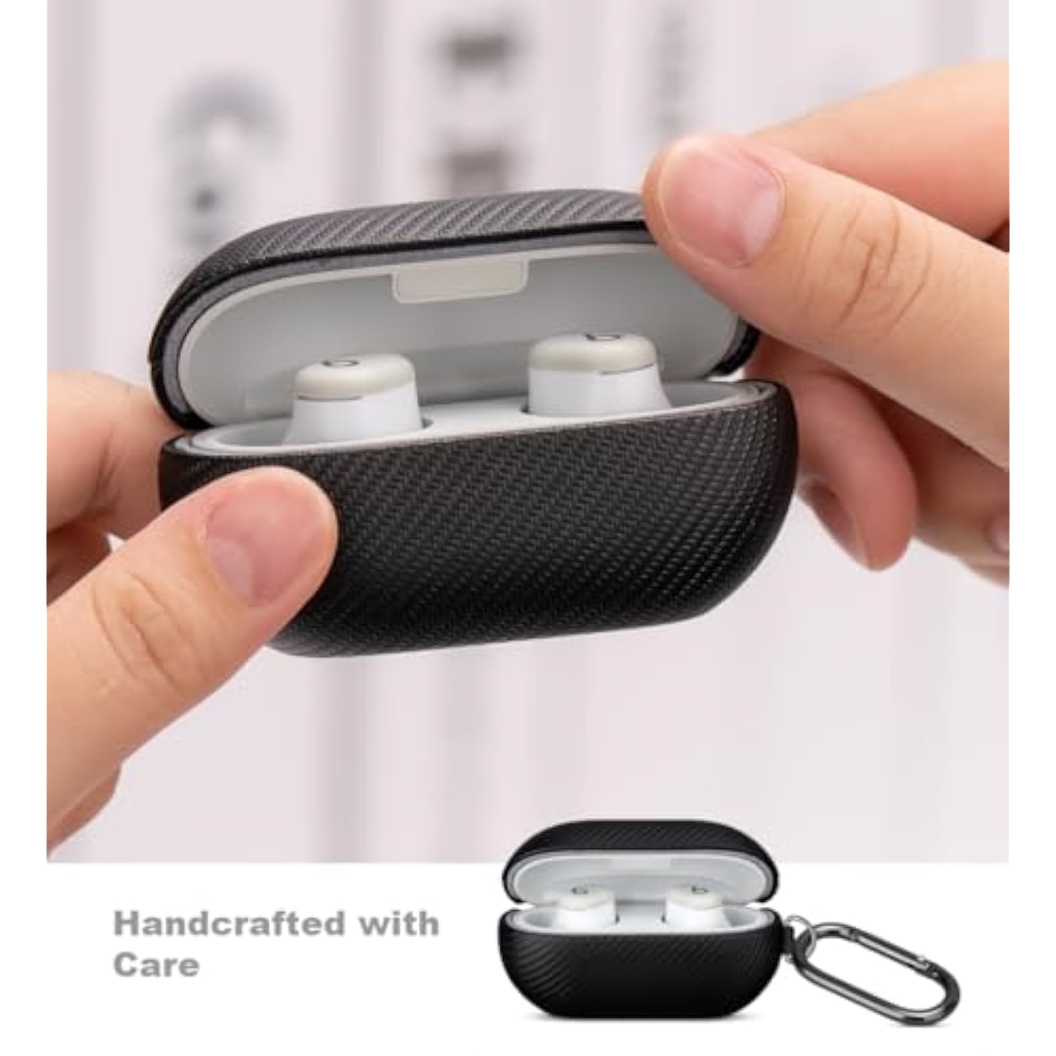 Handmade For Beats Solo Buds Case Cover, Premium Synthetic Leather Case With Keychain, Carbon Fiber Style, Protective Hard Shell Cover For Beats Solo Buds Earbuds - Black