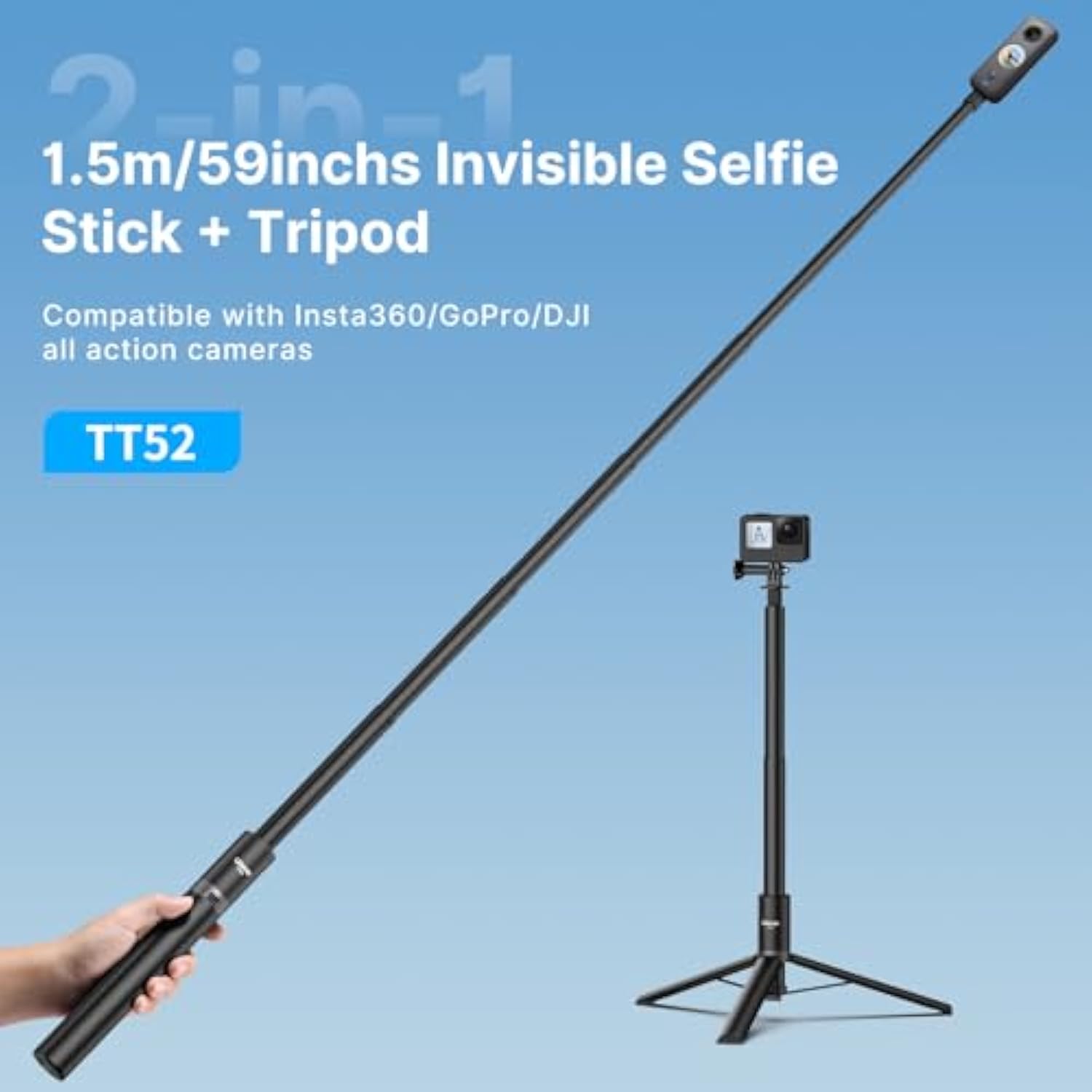 59In Invisible Selfie Stick Tripod For Insta360 X5/X4/Go 3/X3/One Rs/One X2/One X/Go 2/One R/One, Ulanzi Tt52 Extension Pole Adjustable Waterproof Handle Grip For Gopro Dji Insta 360 And More