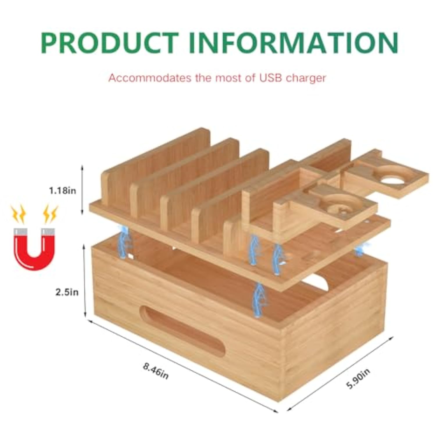 Bamboo Charging Stations For Multi Devices With 5 Port Usb Charger, 6 Cables, Desktop Wood Docking Station Charger Organizer For Cell Phones, Tablets,Earphone, Watches