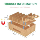 Bamboo Charging Stations For Multi Devices With 5 Port Usb Charger, 6 Cables, Desktop Wood Docking Station Charger Organizer For Cell Phones, Tablets,Earphone, Watches