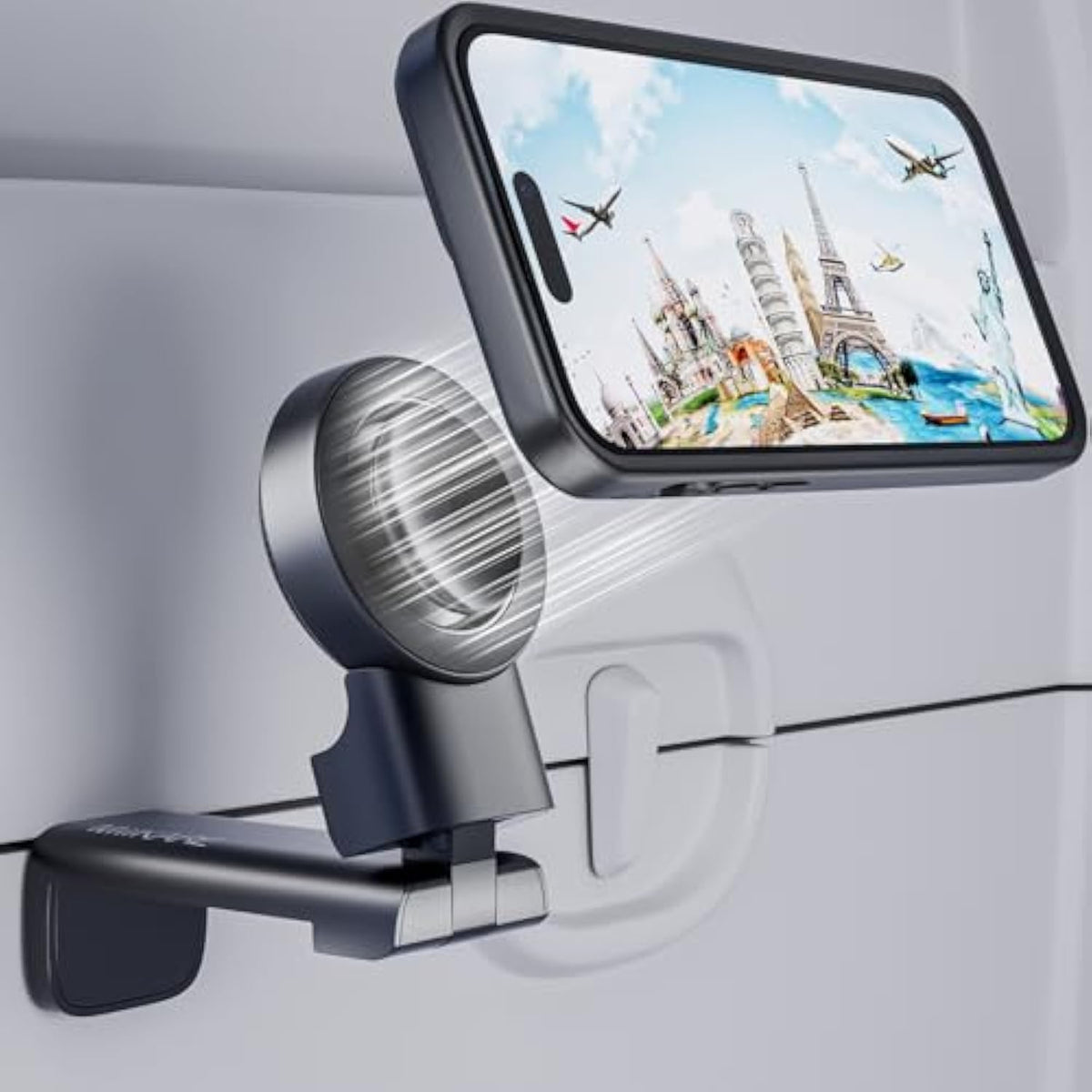 Airplane Travel Essentials Magnetic Phone Holder, Universal Handsfree Phone Mount For Flying With 360 Degree Rotation, Travel Must Haves Phone Stand For Desk, Tray Table, Black