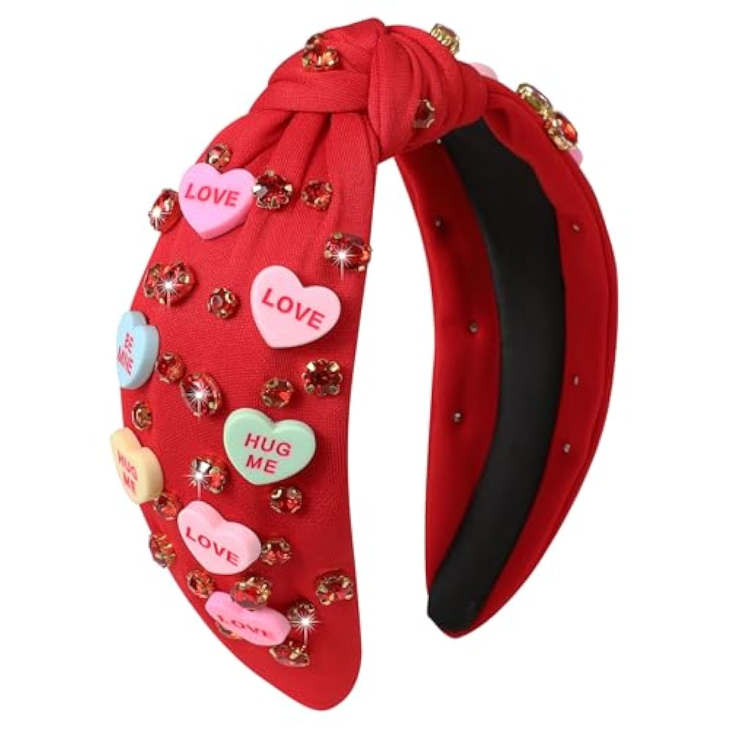 Valentine’S Day Headband For Women Candy Love Conversation Heart Headband Jeweled Beaded Heart Knotted Hairband Sparkly Red Pink Rhinestone Head Band Valentines Accessories Gifts