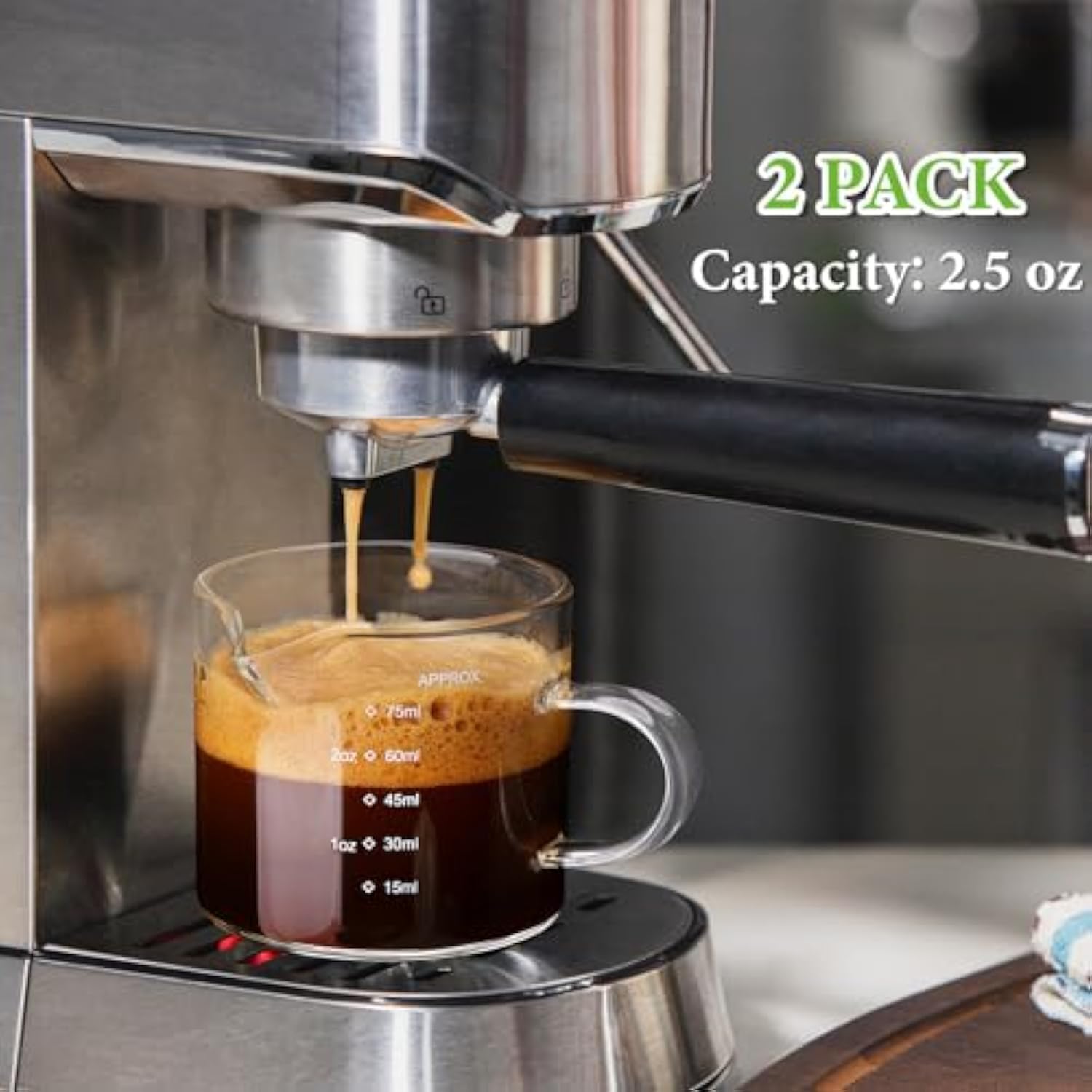 2 Pack Measuring Cups, 75Ml Espresso Cups With Handle, Espresso Shot Glasses With V-Shaped Mouth, Clear Accessories, Milk Frothing Pitcher