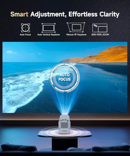 Auto Focus&1080P Mini Smart Projector With 4K Support, Portable Projector With Wifi And Bluetooth, 5W Speaker, Built In Apps, Voice Control, Outdoor Movie Projector
