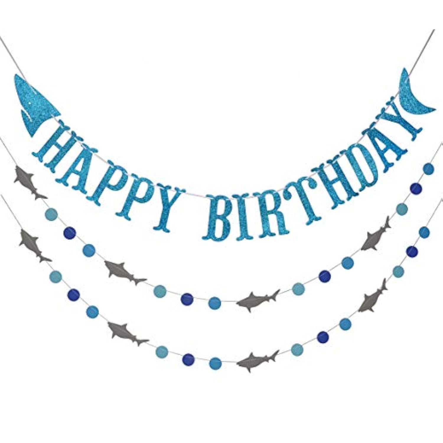 Shark Happy Birthday Banner And Shark Garlands, Ocean Beach Under The Sea Theme Party, Shark Party Supplies (Blue)