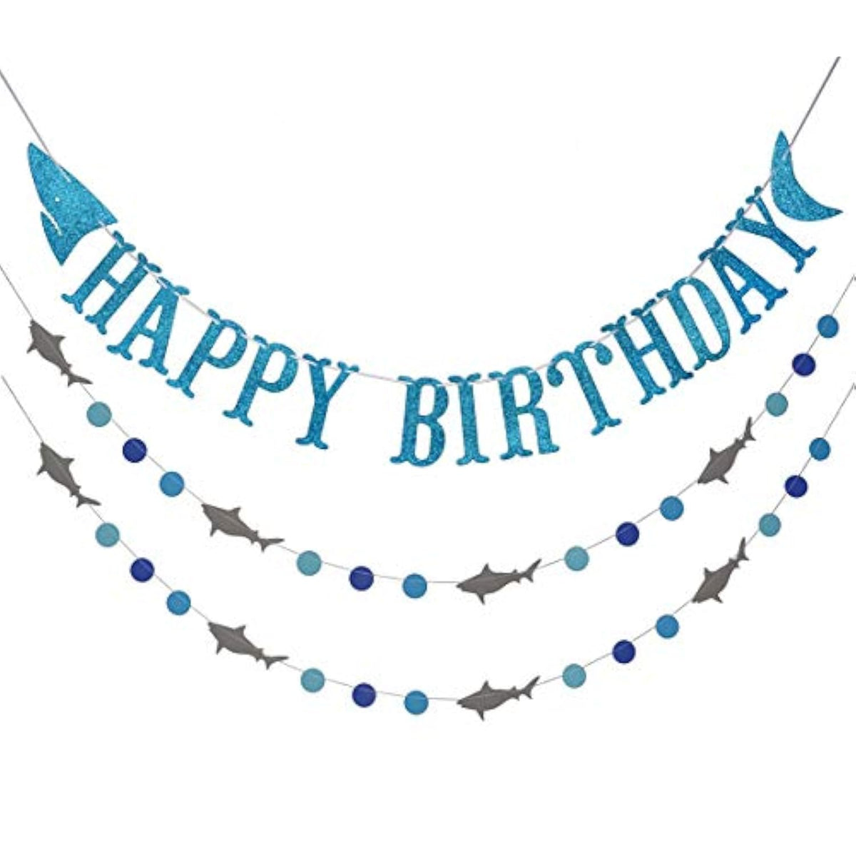 Shark Happy Birthday Banner And Shark Garlands, Ocean Beach Under The Sea Theme Party, Shark Party Supplies (Blue)