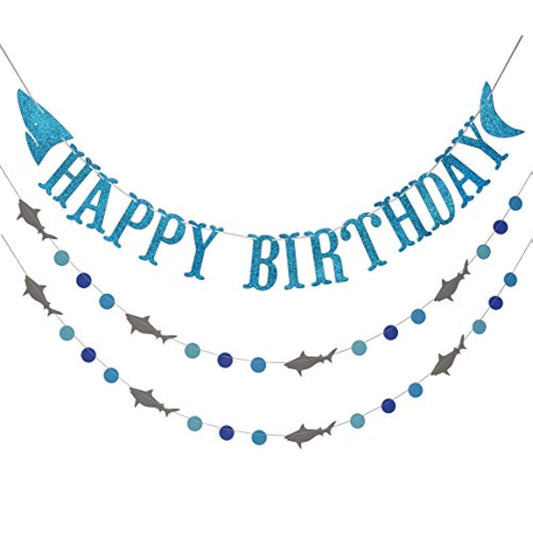 Shark Happy Birthday Banner And Shark Garlands, Ocean Beach Under The Sea Theme Party, Shark Party Supplies (Blue)