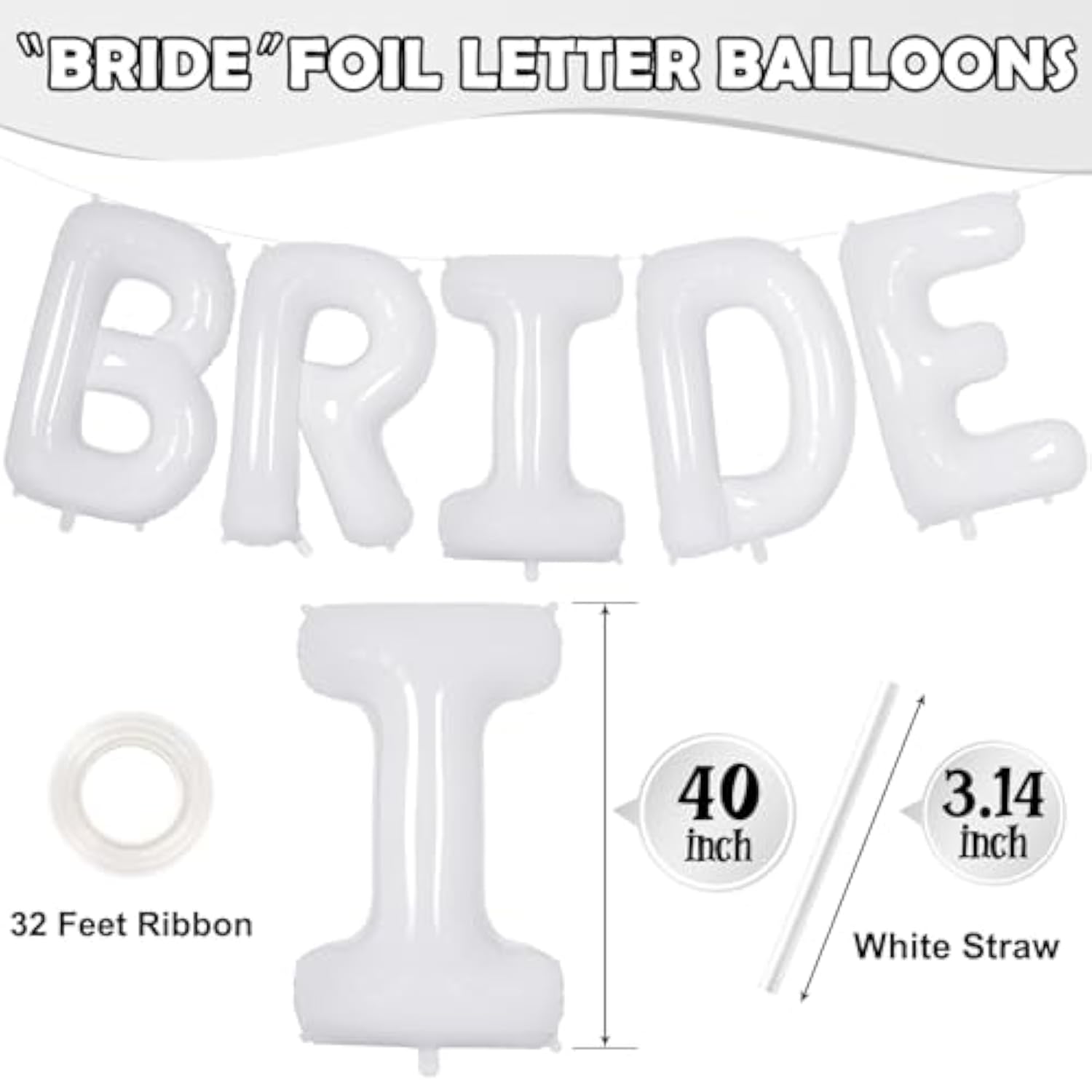 40 Inch White Bride Balloons, Giant Bride To Be Balloons, Bride Letter Balloon, Bachelorette Party Balloon, Bridal Photo Booth Bridal Banner For Wedding Bachelorette Party Decorations (White)