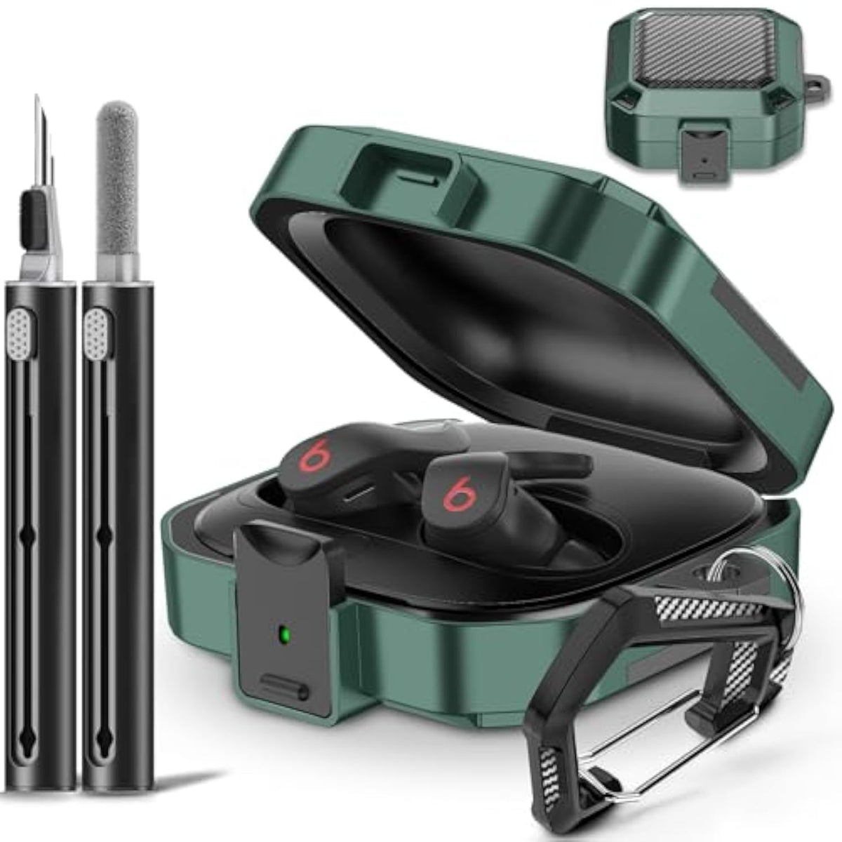 With Safety Lock Case For Beats Fit Pro 2021, Carbon Fiber Material Shock-Absorbing Hard Shell Beats Fit Pro Earbuds Case Cover With Keychain/Storage Box/Cleaning Kit - Green