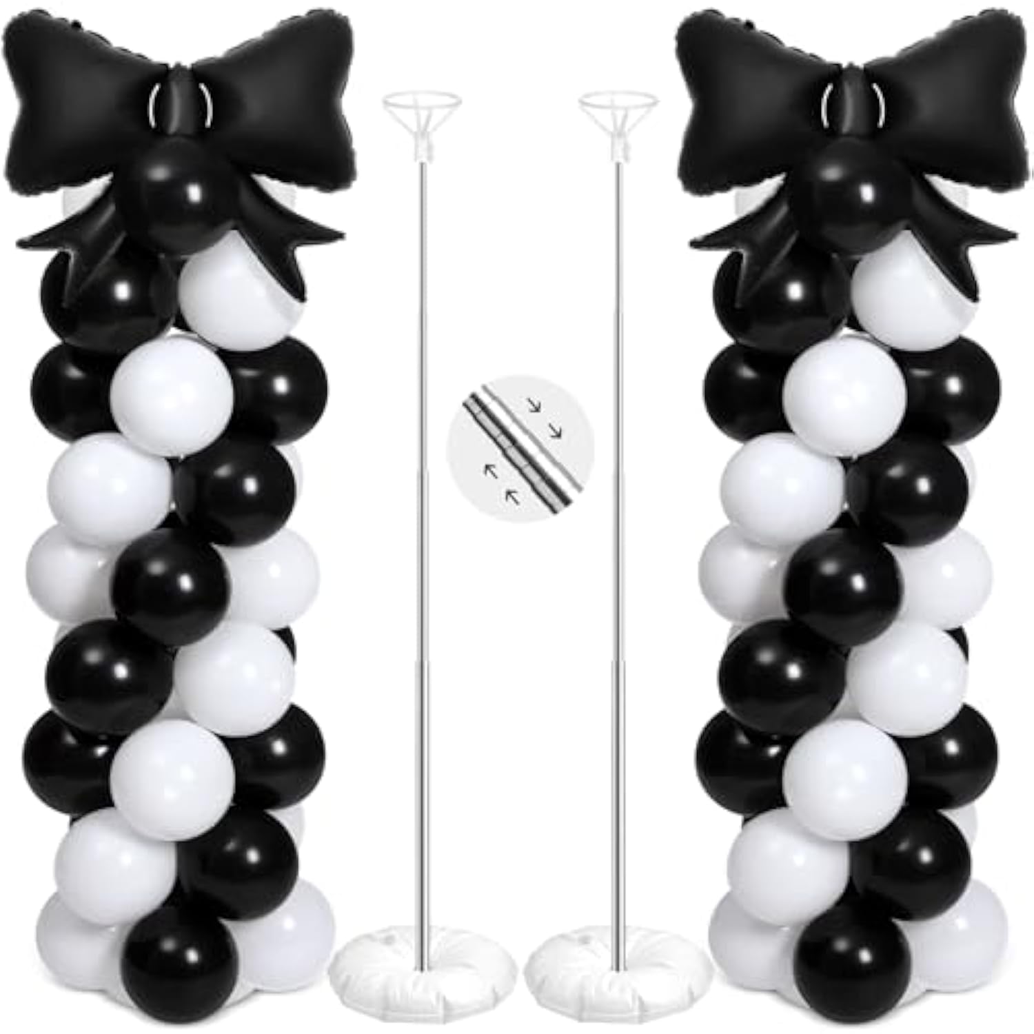 2 Sets Black White Bow Balloon Column Stand Kit Includes 2 Bows & 100 Latex Balloons Adjustable Stands For Princess Birthday Wedding Coquette Baby Shower Party Decoration