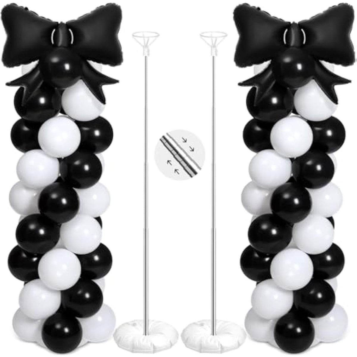2 Sets Black White Bow Balloon Column Stand Kit Includes 2 Bows & 100 Latex Balloons Adjustable Stands For Princess Birthday Wedding Coquette Baby Shower Party Decoration
