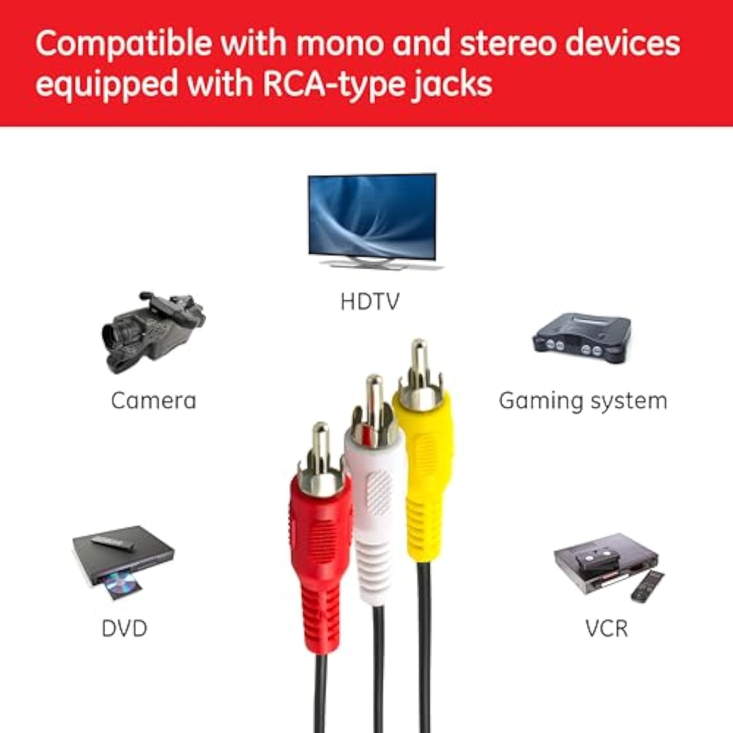 Ge Composite Audio/ Video Cable, 6 Ft. Rca Style Plugs 3-Male To 3-Male, Low L