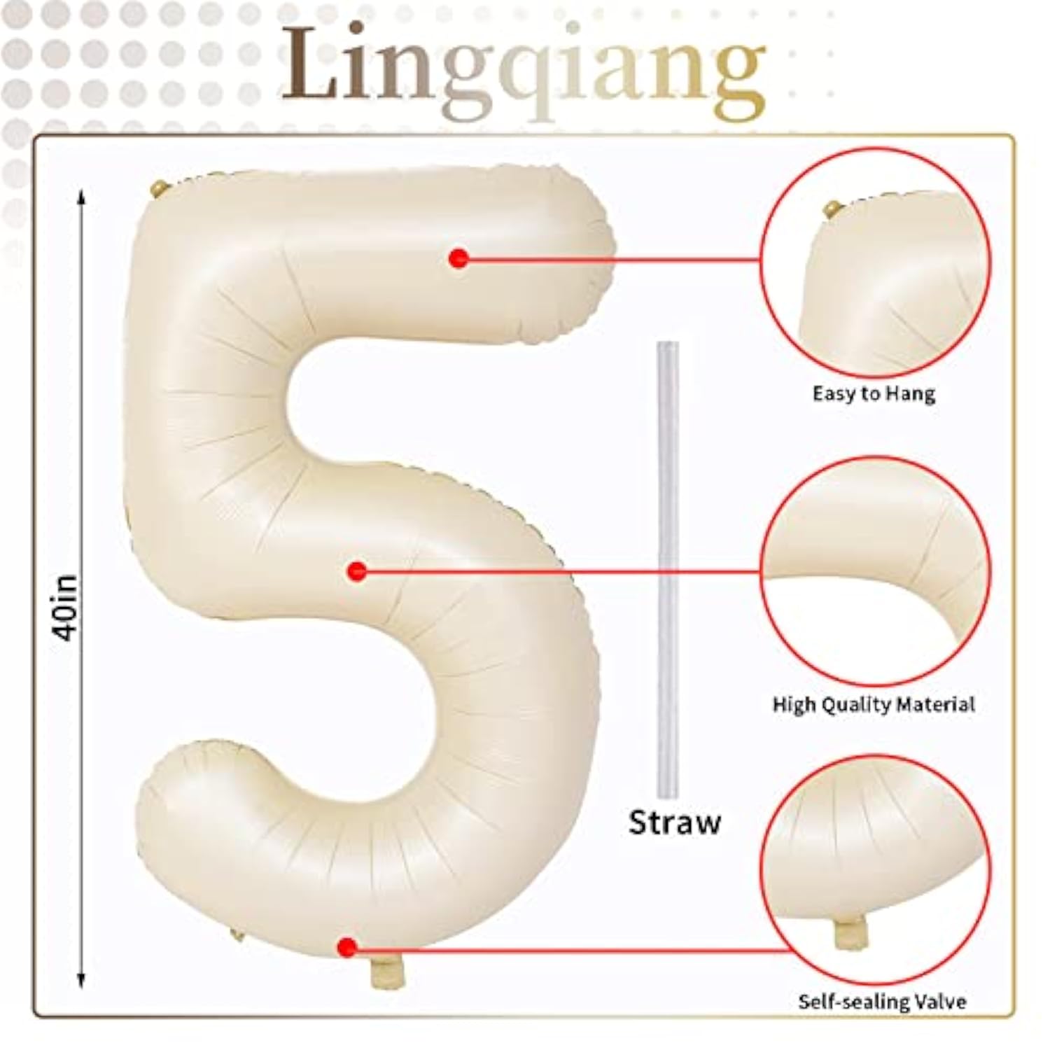 Beige Number 5 Balloon For Girls Boys, 40 Inch Large Cream Number 0-9 Foil Mylar Helium Digital Balloons Set For Women Men Birthday Graduation Anniversary Party Decorations Celebration Supplies