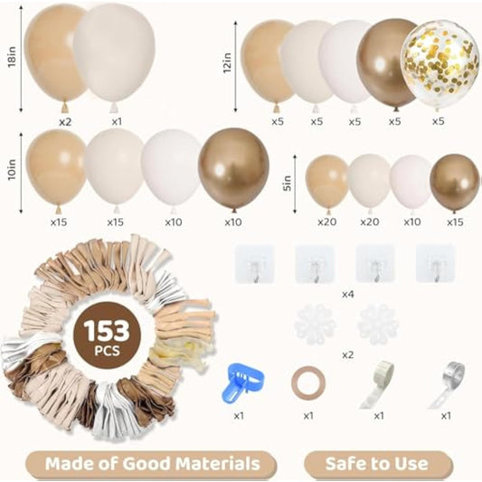153Pcs White Sand Balloon Garland Arch Kit, Different Sizes 18 12 10 5 Inch Beige Cream Champagne Gold Latex Metallic Confetti Balloons For Boho Neutral Baby Shower Birthday Party Decorations