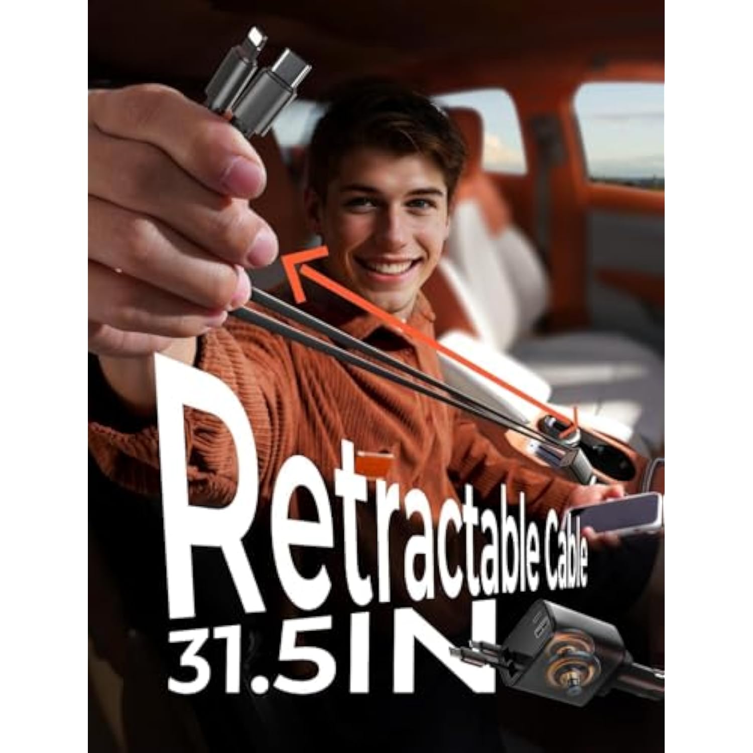 69W Retractable 4-in-1 Fast Car Charger for iPhone, Galaxy, Pixel, USB-C