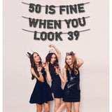 Pre-Strung 50 Is Fine When You Look 39 Banner For 50Th Birthday Decorations, 50Th Birthday Banner, 50Th Party Decorations, Black Glitter