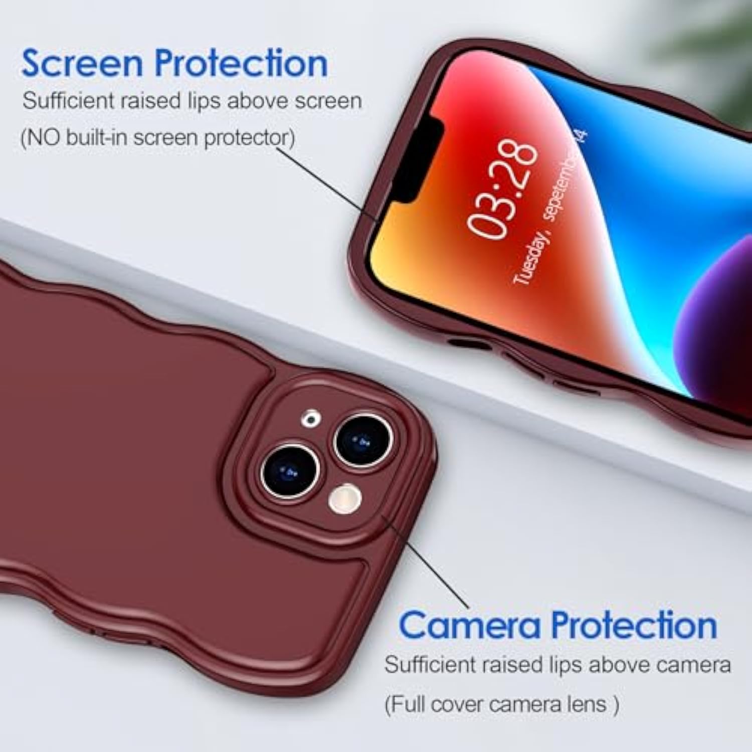 For Iphone 14 Plus Case Wave, Curly Frame Design For Women Girls, Cute Wavy Solid Color Aesthetic Phone Case Soft Flexible Tpu Shockproof Full-Body Protective Cover 6.7" - Wine Red