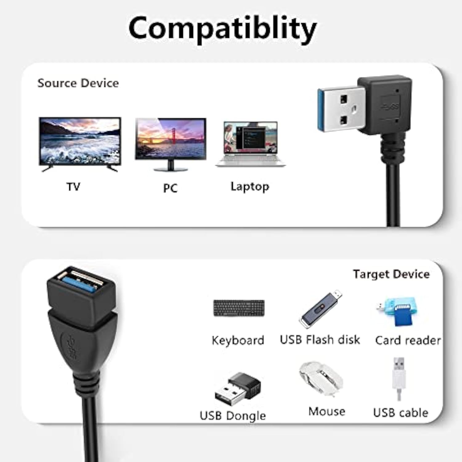 90 Degrees Short Usb 3.0 Extension Cable 0.2M Type A Male To A Female Extensio