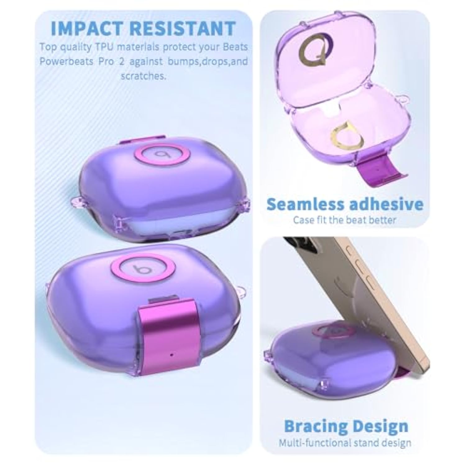 [Dual Function Lock] For Beats Powerbeats Pro 2 Case Cover With Phone Stand, Clear Protective Cover With Beats Powerbeats Pro 2 2025 Charging Case With Cleaner Kit And Carabiner-Clear Purple
