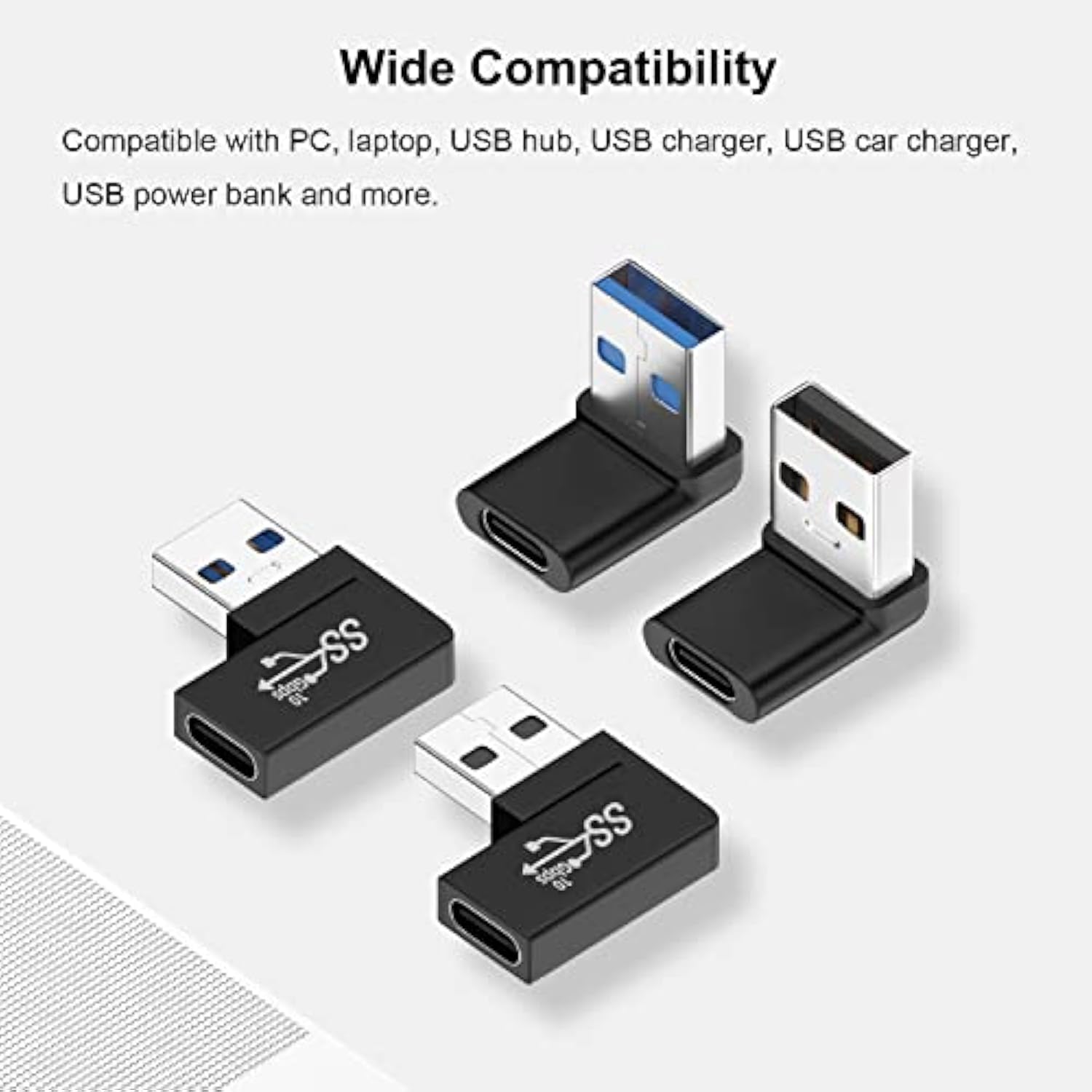 90 Degree Usb To Usb C Adapter (4 Pack), Vertical Up And Down Angle, Horizonta