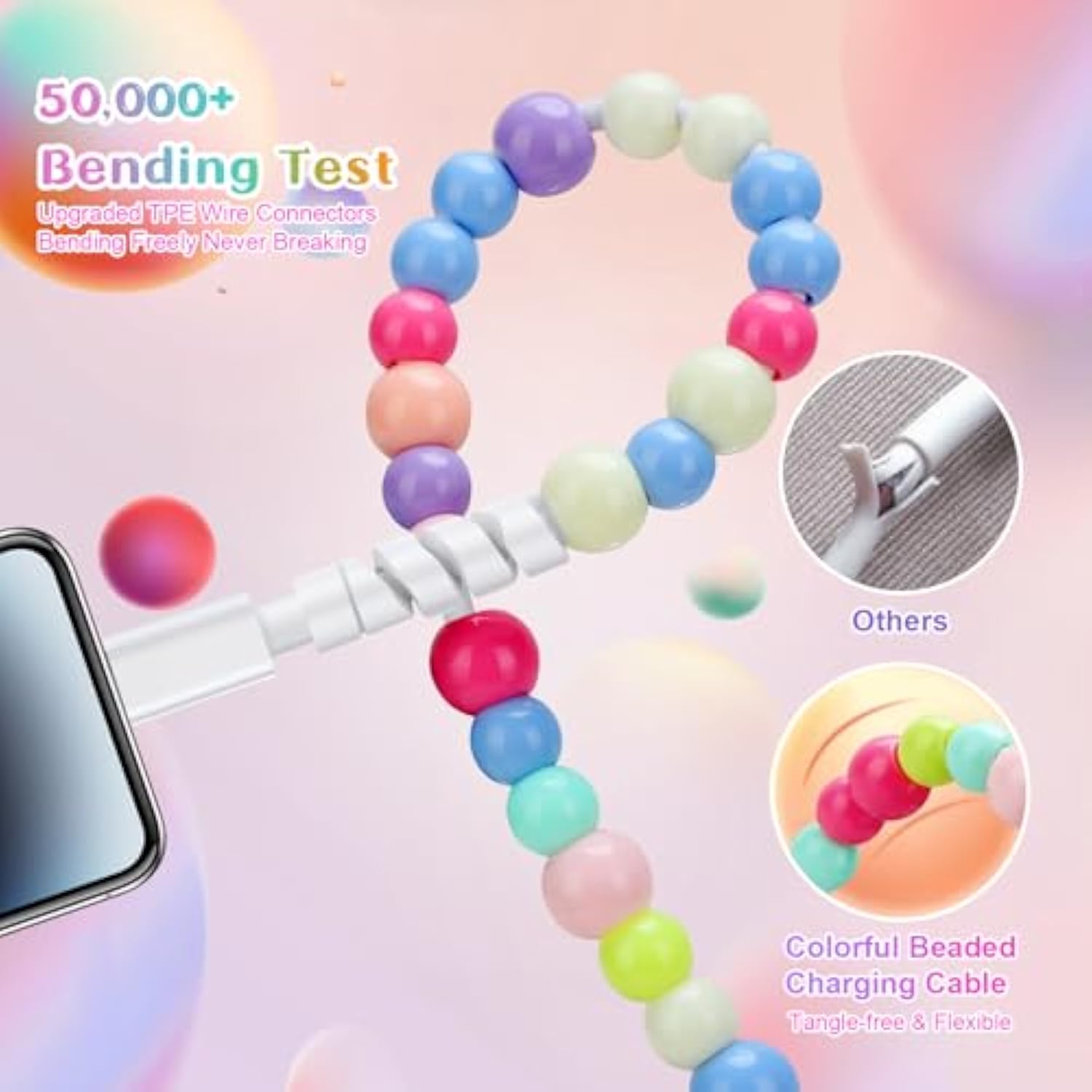 For Iphone Charging Cord 3.3Ft/1M Cute Beaded Phone Charger Cable Mfi Certified 66W Fast Charger Cable Usb C Charging Cord For Iphone 14 13 12 11 Pro Max Xr 8 7 6 Plus For Ipad Pro/Air Colorful