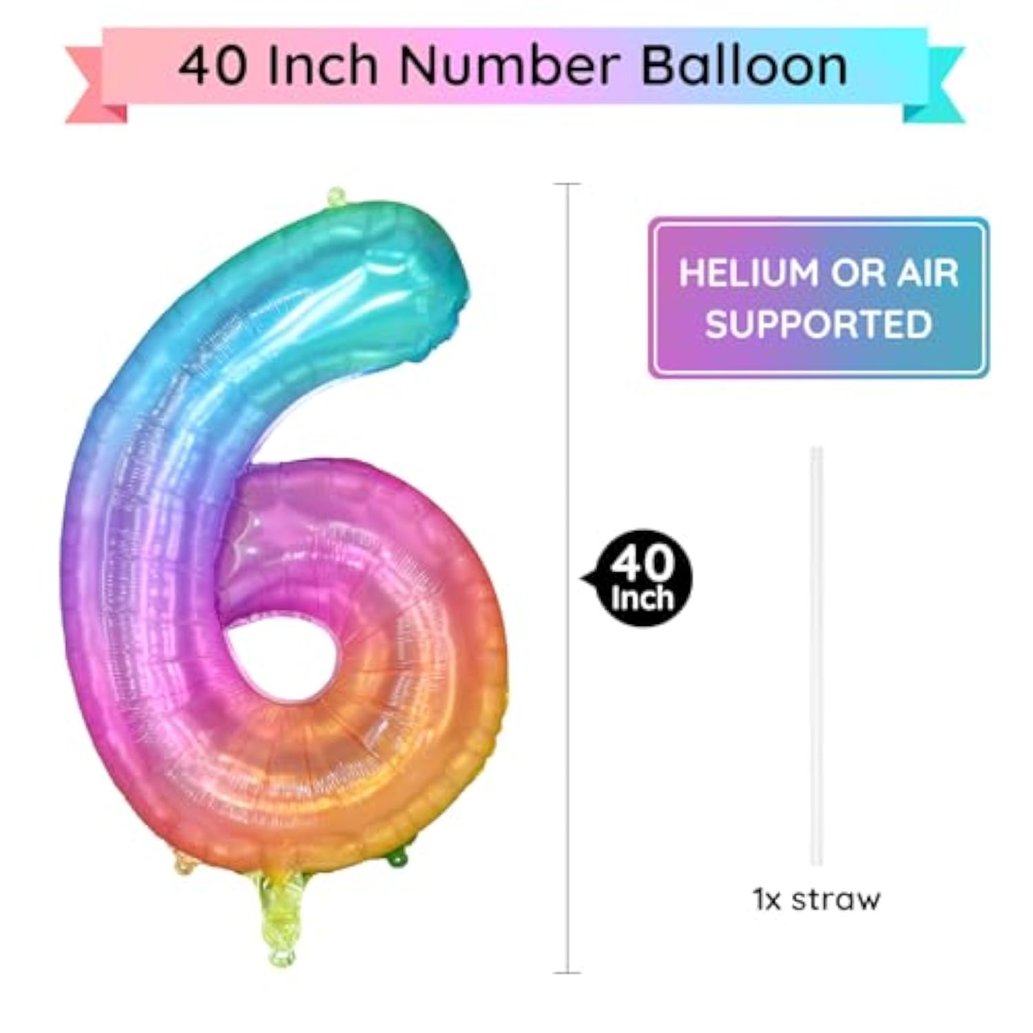 Rainbow Number 6 Balloon, 40 Inch Large Number Foil Mylar Balloons For 6Th Girl Boy Birthday Party Celebration Decorations Supplies, Digital Balloons For Wedding Anniversary Events Decora