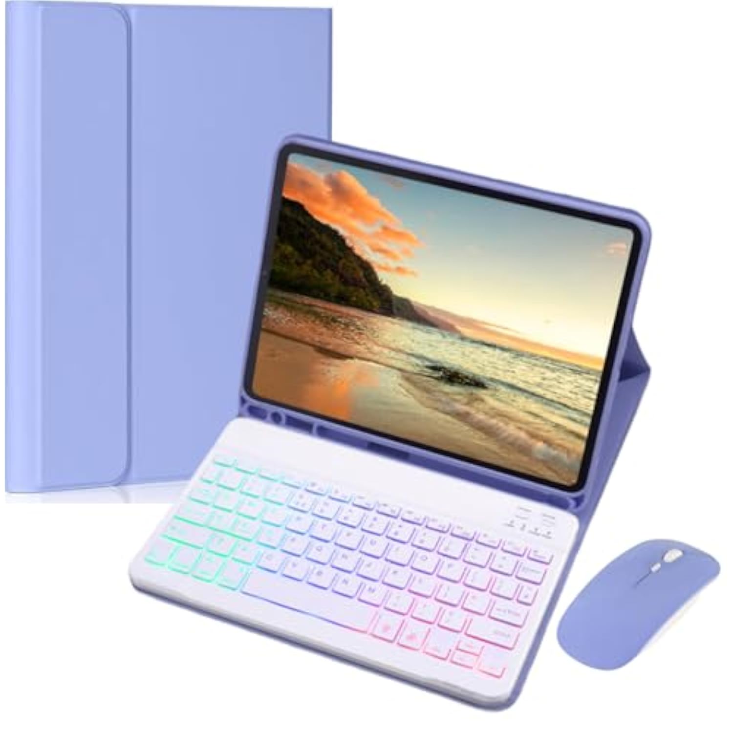 Keyboard Case For Ipad 9Th Generation 10.2 Inch With Mouse - 7 Colors Rainbow Backlit Magnetic Detachable Keyboard Cover With Pencil Holder For Ipad 8Th/7Th Gen/Pro 10.5"/Air 3Rd Gen,Purple