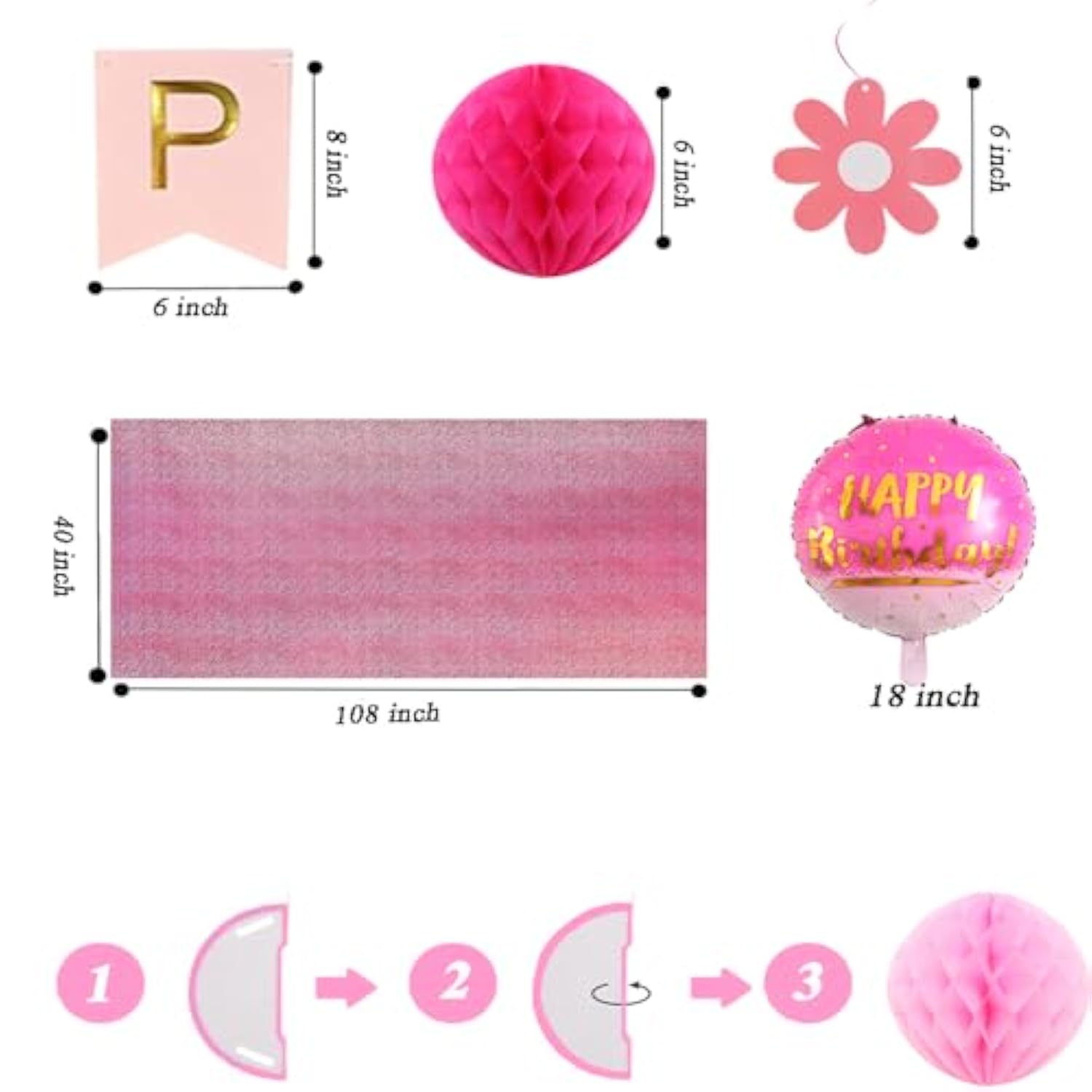 Pink And White Happy Birthday Banner Decorations With Tablecloth, Pom Poms, Stars Swirl Streamers For Girls Women Birthday Party Decorations